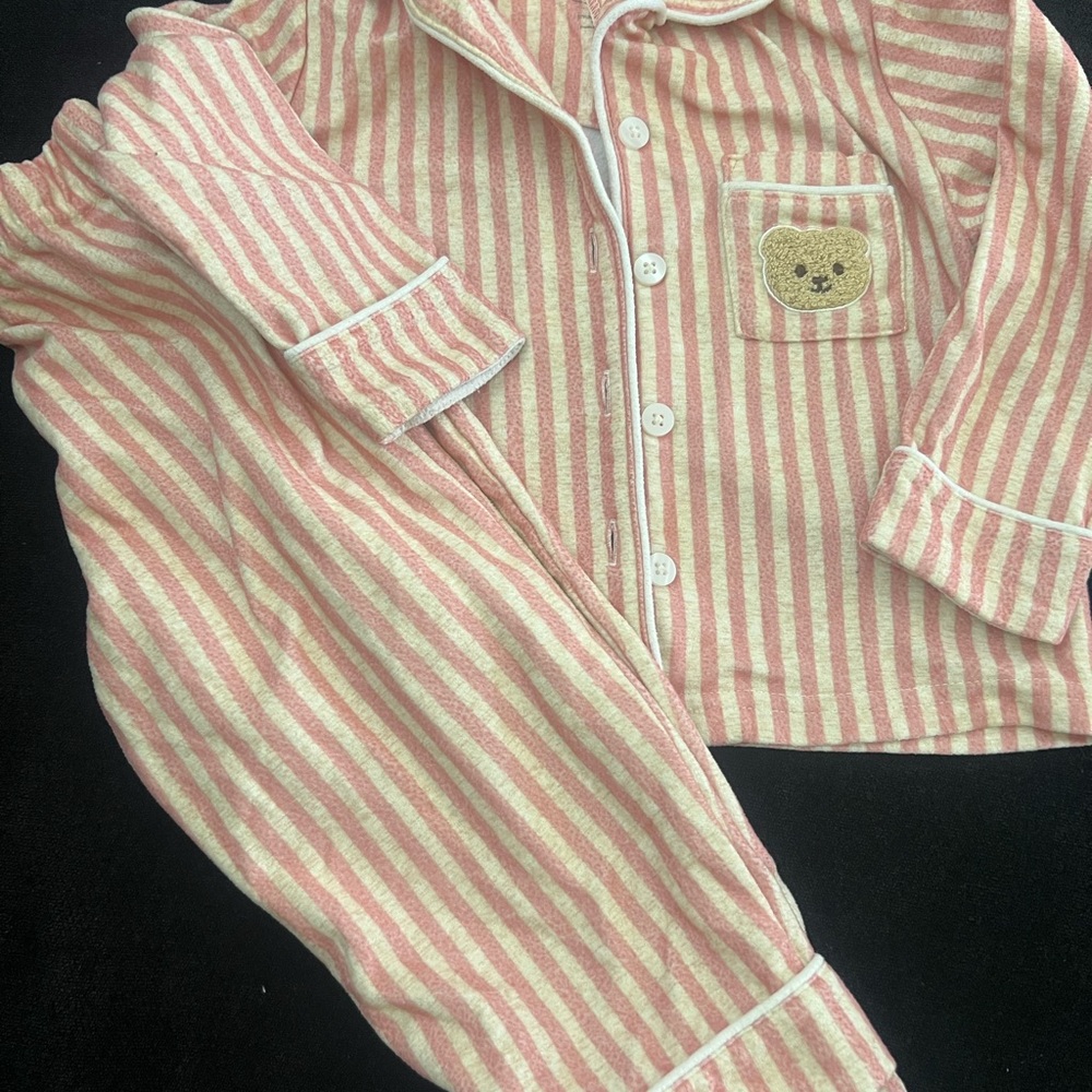 Bear paw Striped Pink Kids Pajamas with Bear Patch